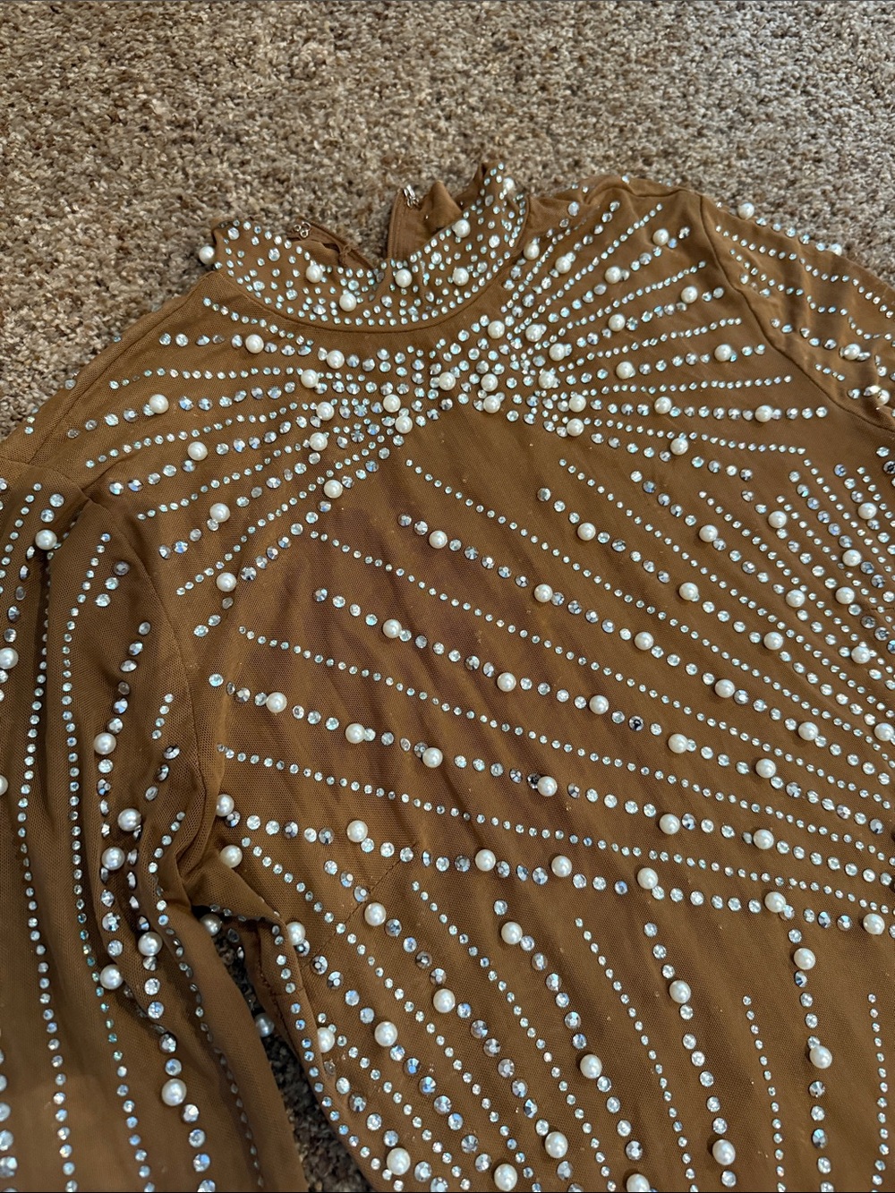 Banjul Tan Long Sleeve Crystal-Embellished Evening Gown - Picture 3 of 8